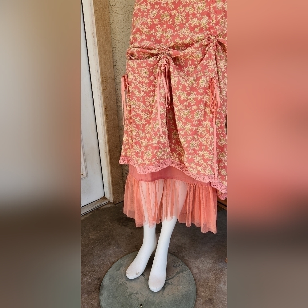 April Cornell Floral Skirt w/ Tulle Underskirt and Satin Pull Ribbon Ruching - Picture 2 of 12